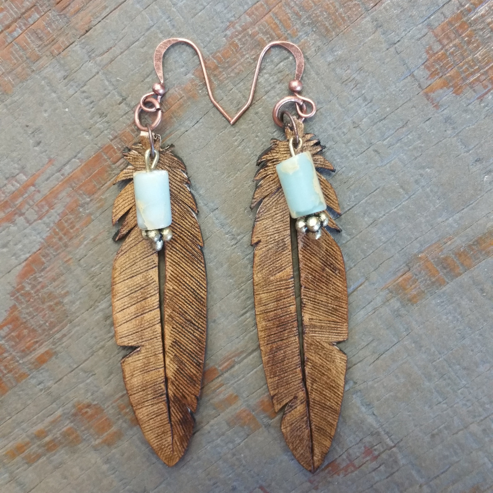 Genuine Leather Feather Earrings with Gemstones